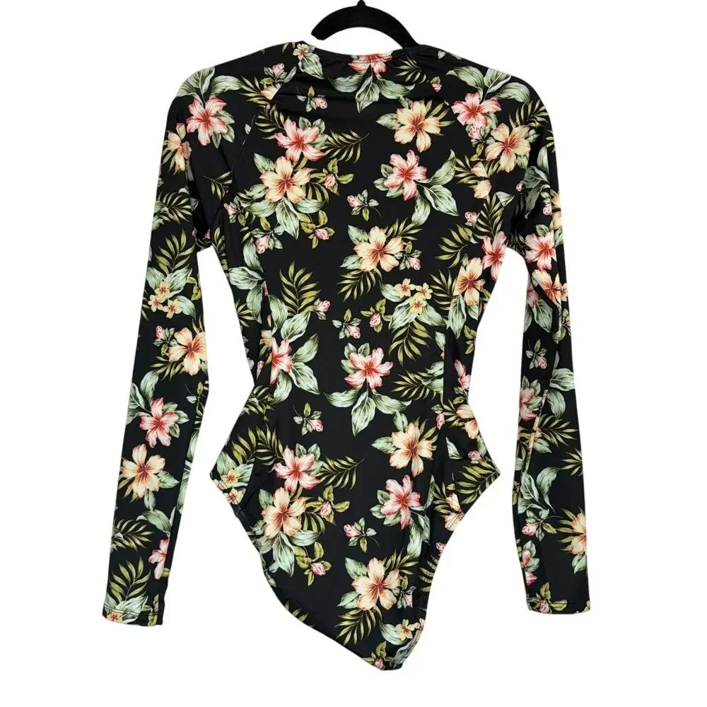 NWT Hurley Floral One Piece Surf Swimsuit Black Size Med Beach Vacation Swimwear